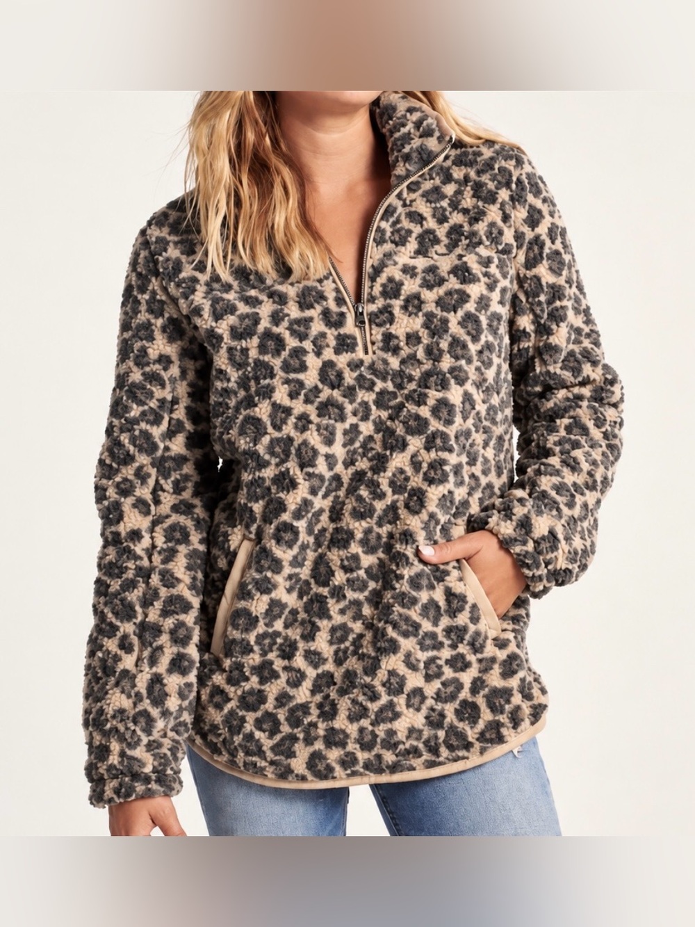 Abercrombie Sherpa Half Zip Leopard Pullover Faux Leather Trim Size S